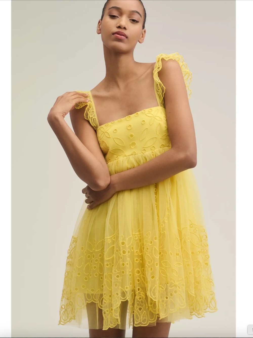 $198 NWT Let Me Be Anthropologie Eyelet Tulle Mini Dress Yellow Medium